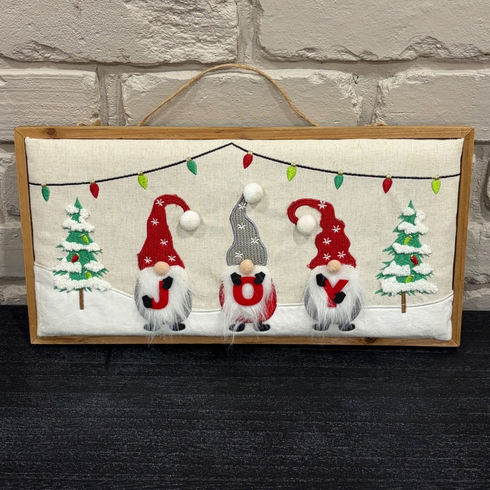 Christmas Joy Gnome Wood Framed Wall Decor Holiday Winter Sign Hanging Art